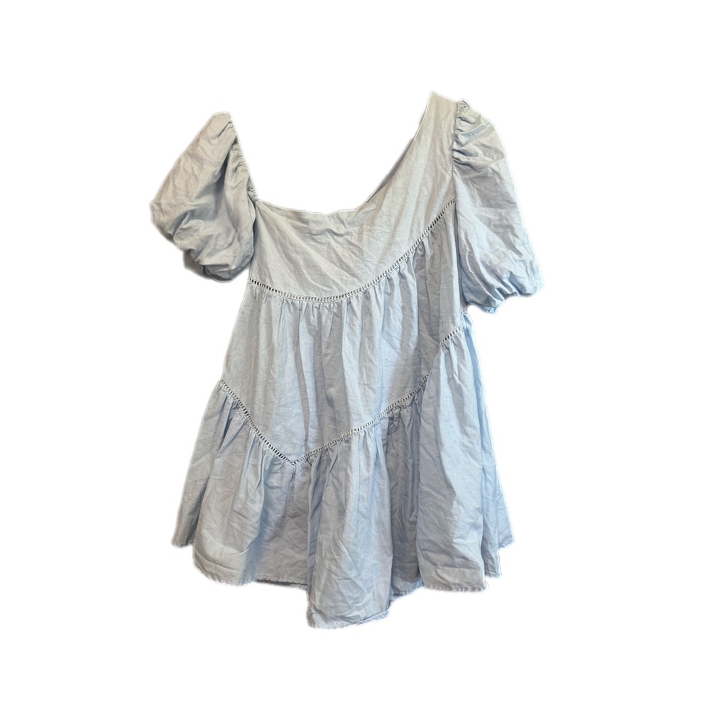 Showpo Mini Dress Womens 0 Blue game day Cotton Linen Puff Sleeve Babydoll Boho